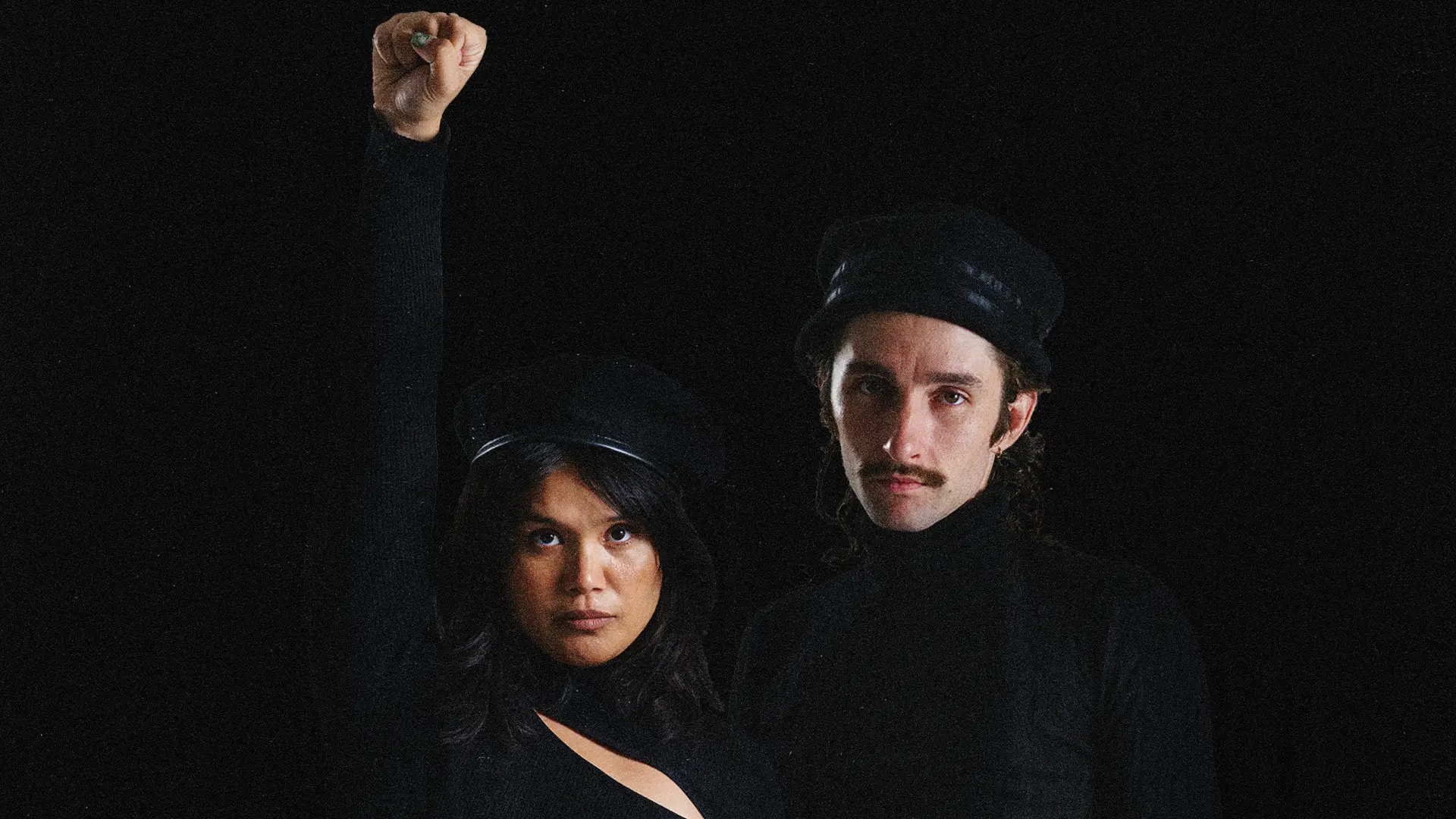 ethan and gigi start a revolution and pose for the movement soho playhouse new york city clown brooklyn agitflop